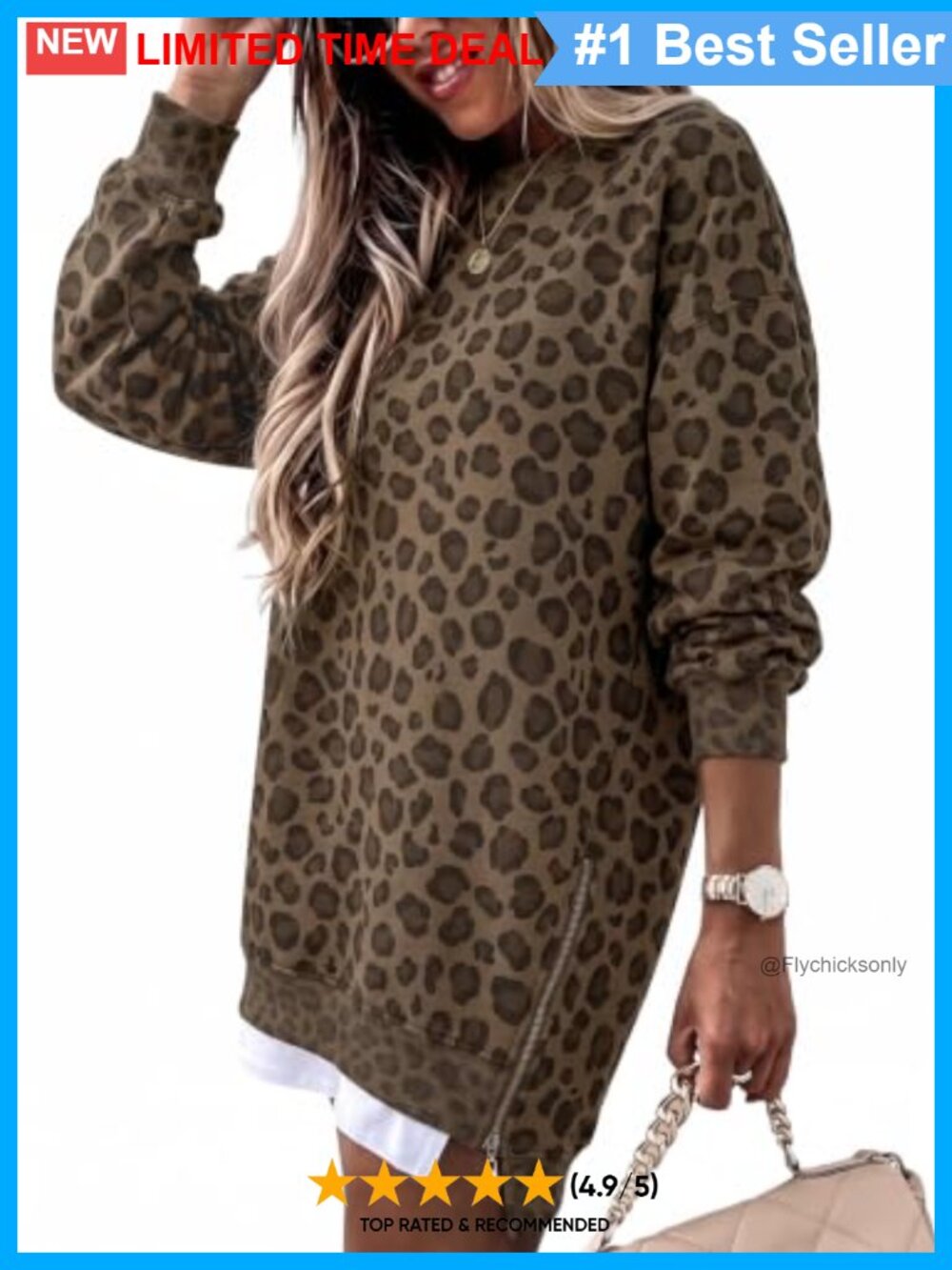 Oversized Fleece Crewneck Sweatshirt Tunic Pullover Side Zip Hem